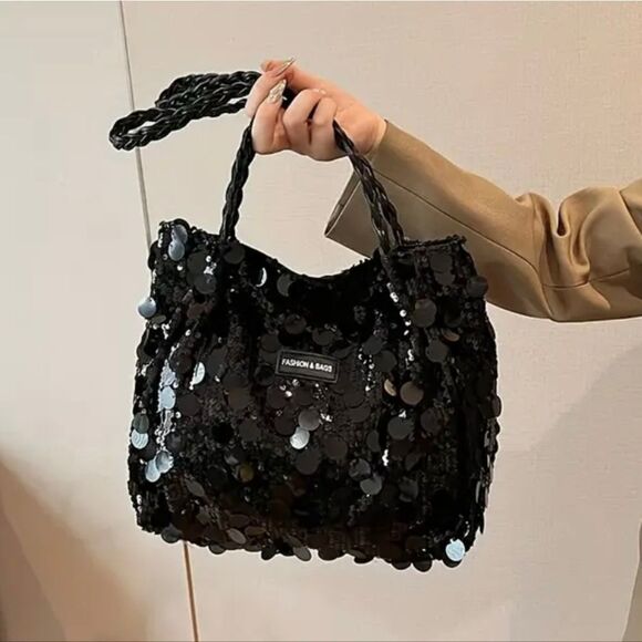 Black Sequins Shoulder Tote Bag - Picture 1 of 4